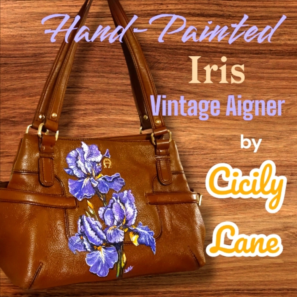 🪻 Unique! 🪻 Hand Painted AIGNER Brown Leather Satchel Bag IRIS FLOWER Art Tote